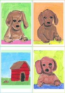 3 Dachshunds with doghouse